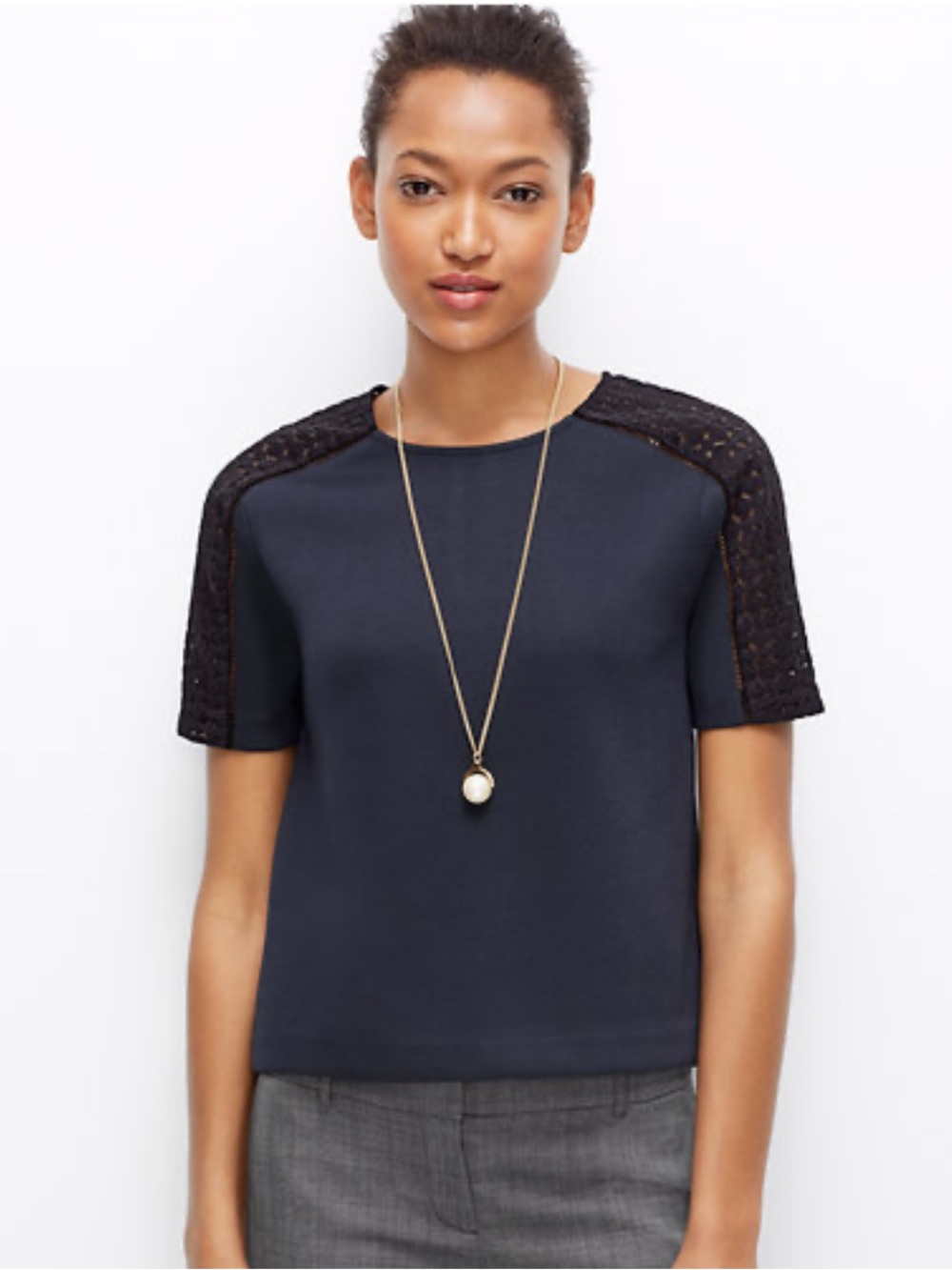 Ann Taylor Navy Jersey Knit Top with Lace Shoulder Panels Size Large